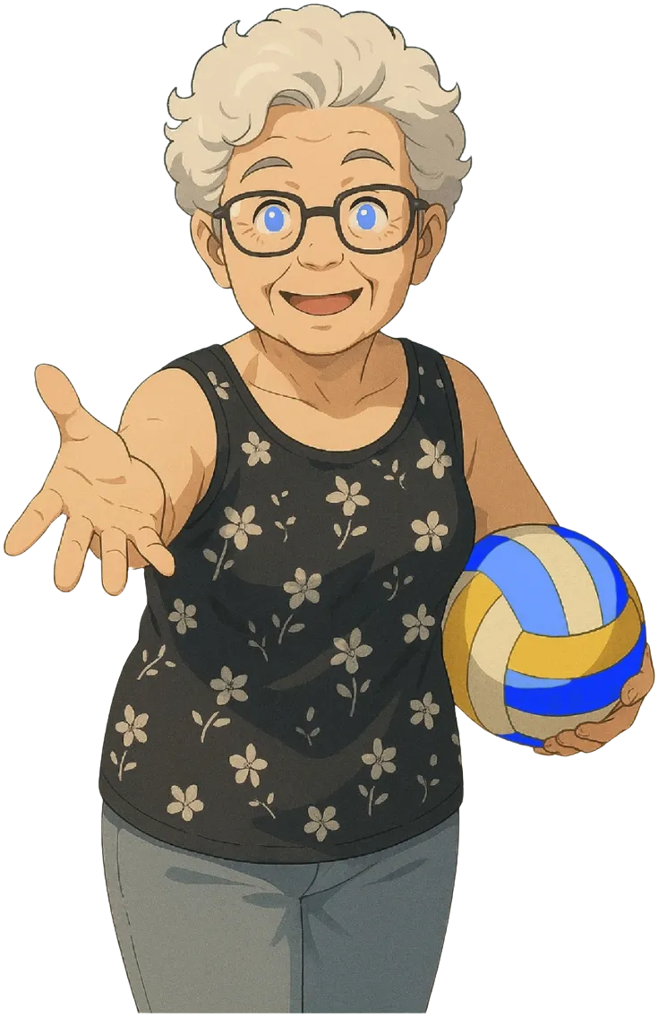 A Velhinha, símbolo do Ponto da Velhinha, sorrindo, estendendo a mão e segurando uma bola de vôlei